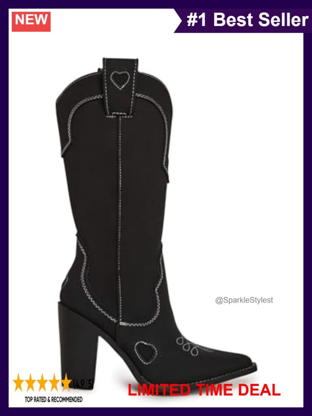 Western Mid-Calf Cowgirl Boots with Heart Stitching Heeled